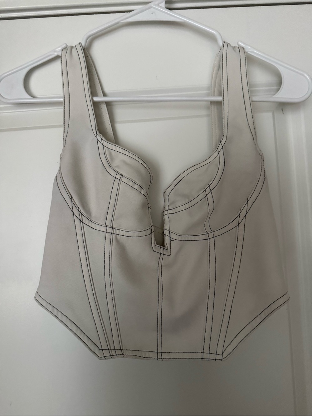 White Fox Boutique Cream Corset-Style Crop Top with Black Contrast Stitching